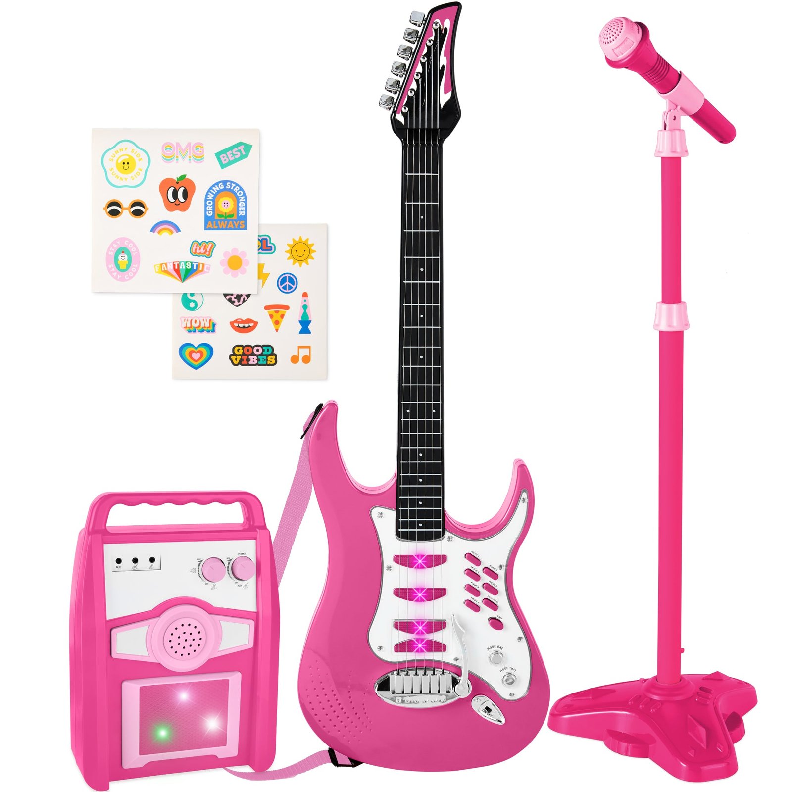 Kids Electric Guitar Toy Play Set w/ 6 Songs, Microphone, Amp - WM Pink